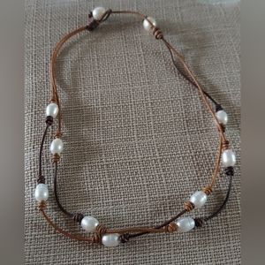 New Handmade White Pearl & Sunset Brown Leather 2-Strand Necklace